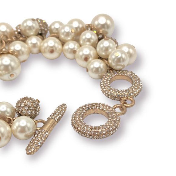 NEW Badgley Mischka Pearl & Crystal Bead Dangle Gold Chunky Statement Bracelet - Picture 4 of 8